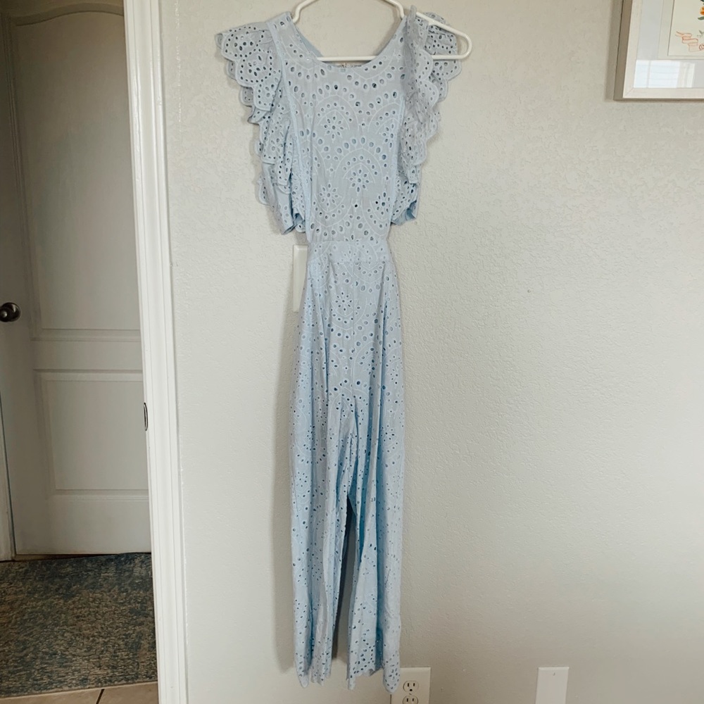 Baby blue crochet cut out jumpsuit